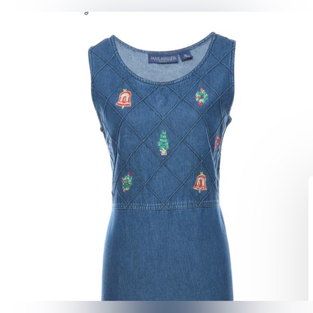 Vtg 90s Jane Ashley Womens Sleeveless Denim Maxi Dress SZ M EmbroideredChristmas - Picture 2 of 5